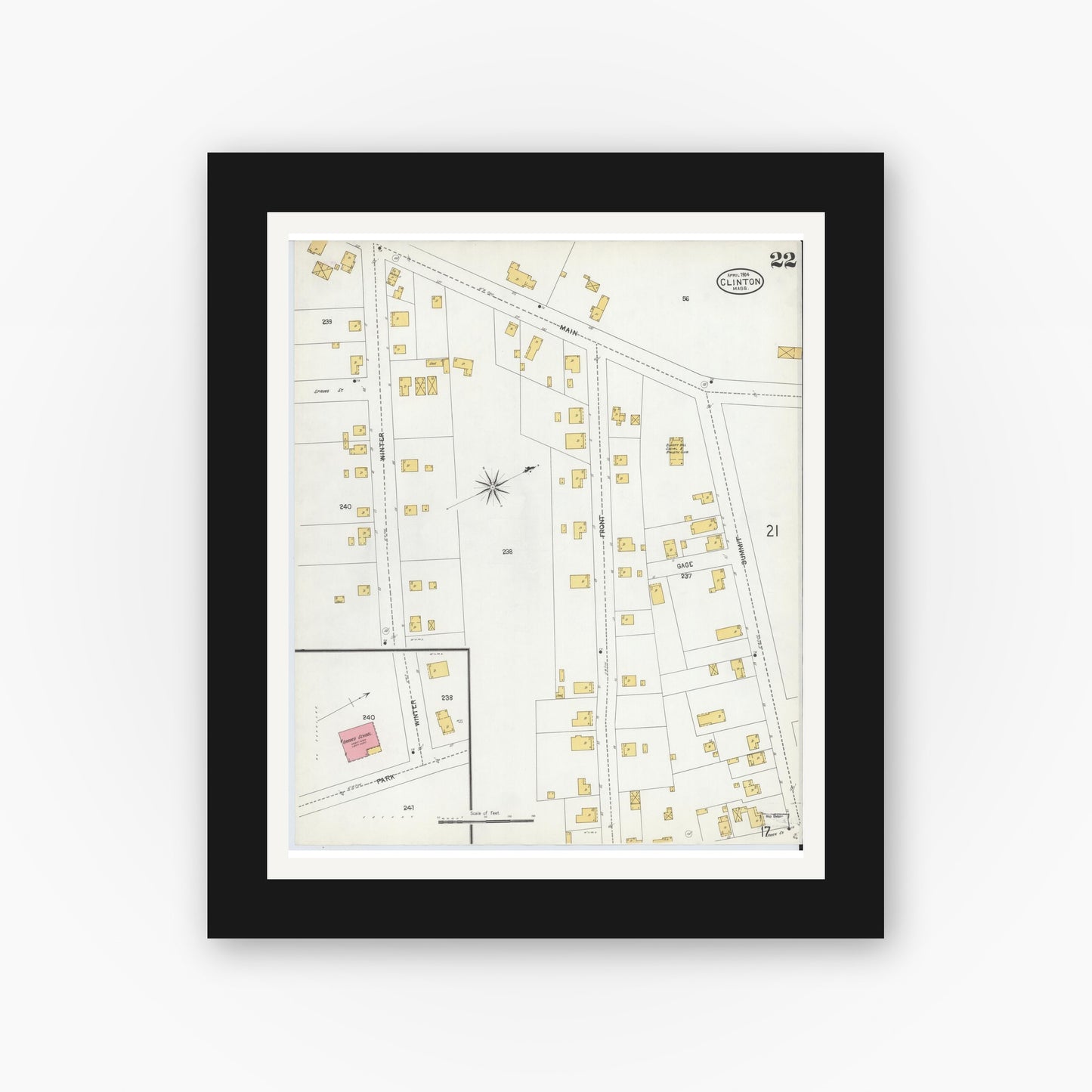 Old map wall art mockup — black gallery frame with white mat — Sanborn Fire Insurance Map from Clinton, Worcester County, Massachusetts (1904), Sheet #0022