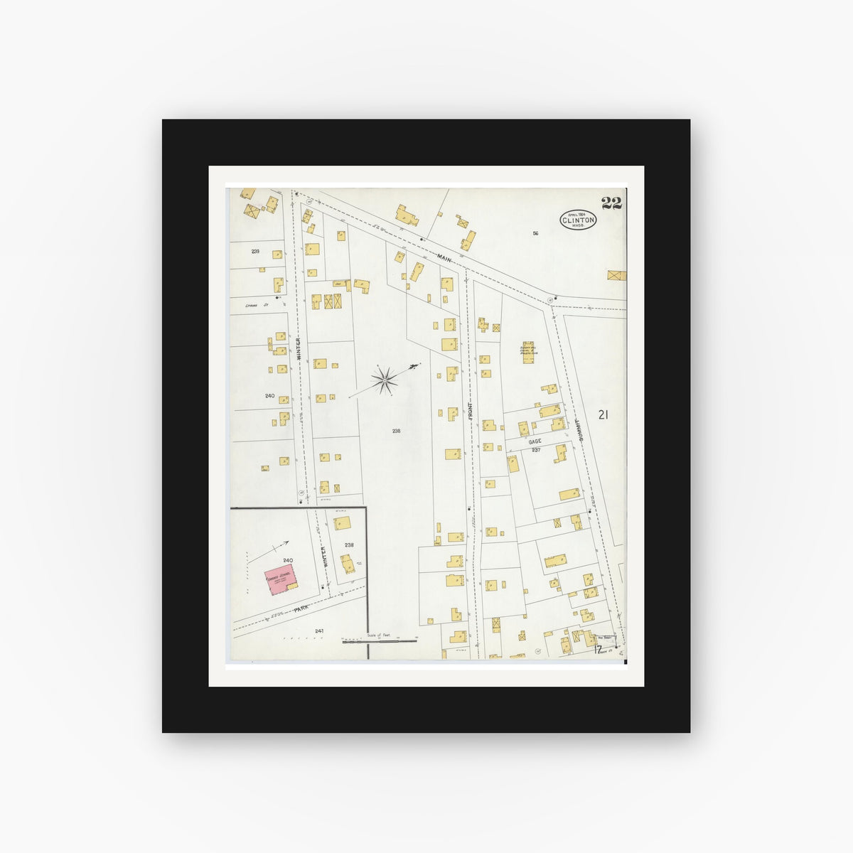 Old map wall art mockup — black gallery frame with white mat — Sanborn Fire Insurance Map from Clinton, Worcester County, Massachusetts (1904), Sheet #0022