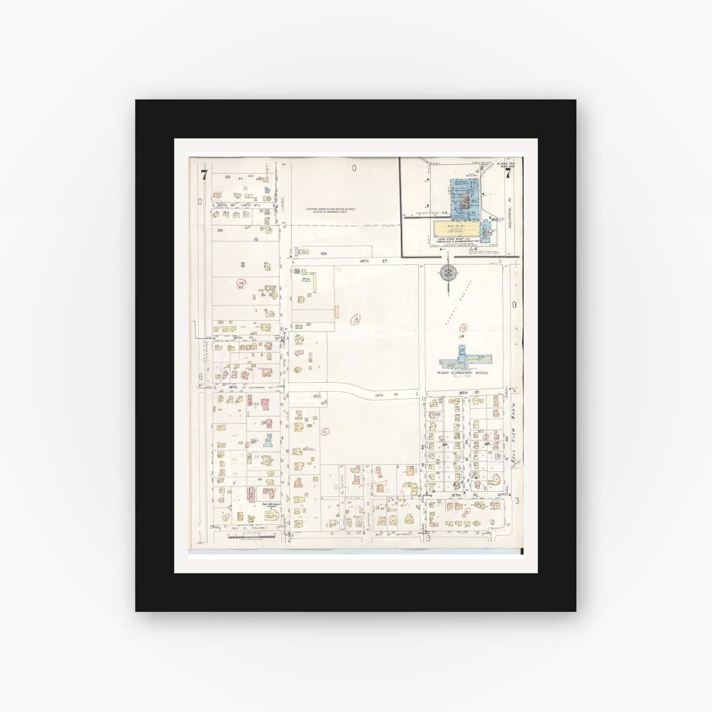 Old map wall art mockup — black gallery frame with white mat — Sanborn Fire Insurance Map from Plano, Collin County, Texas (1961), Sheet #0007