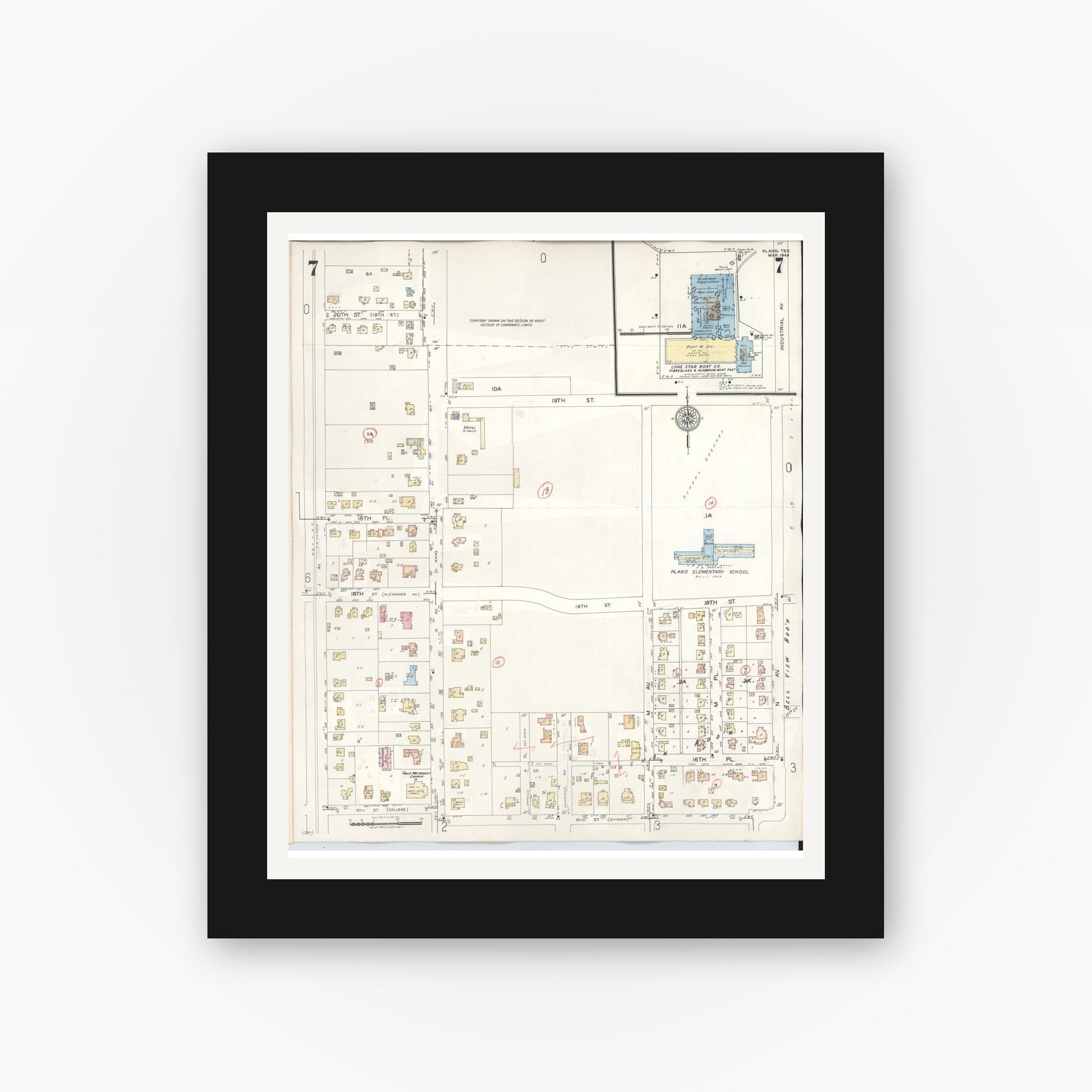 Old map wall art mockup — black gallery frame with white mat — Sanborn Fire Insurance Map from Plano, Collin County, Texas (1961), Sheet #0007