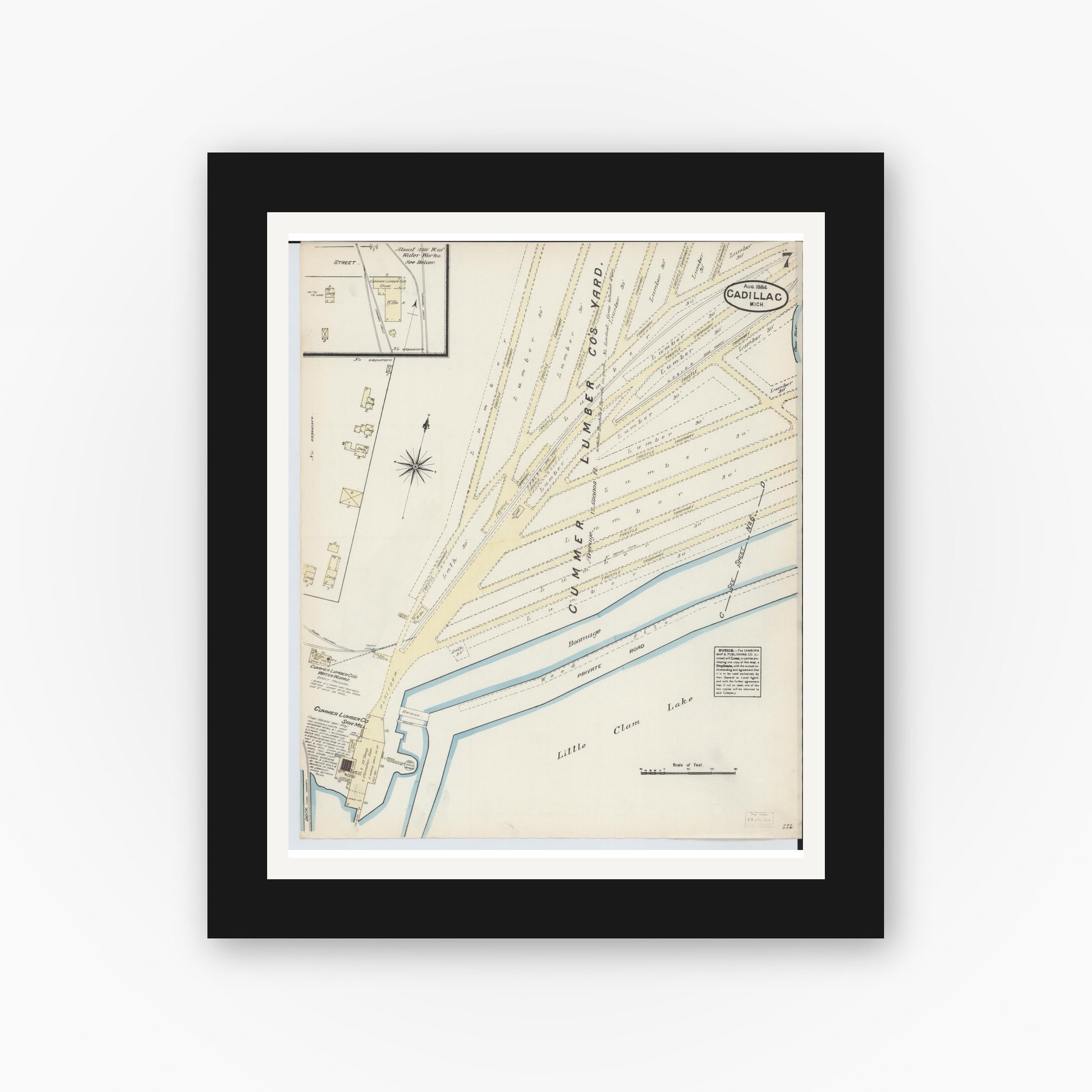 Old map wall art mockup — black gallery frame with white mat — Sanborn Fire Insurance Map from Cadillac, Wexford County, Michigan (1884), Sheet #0007