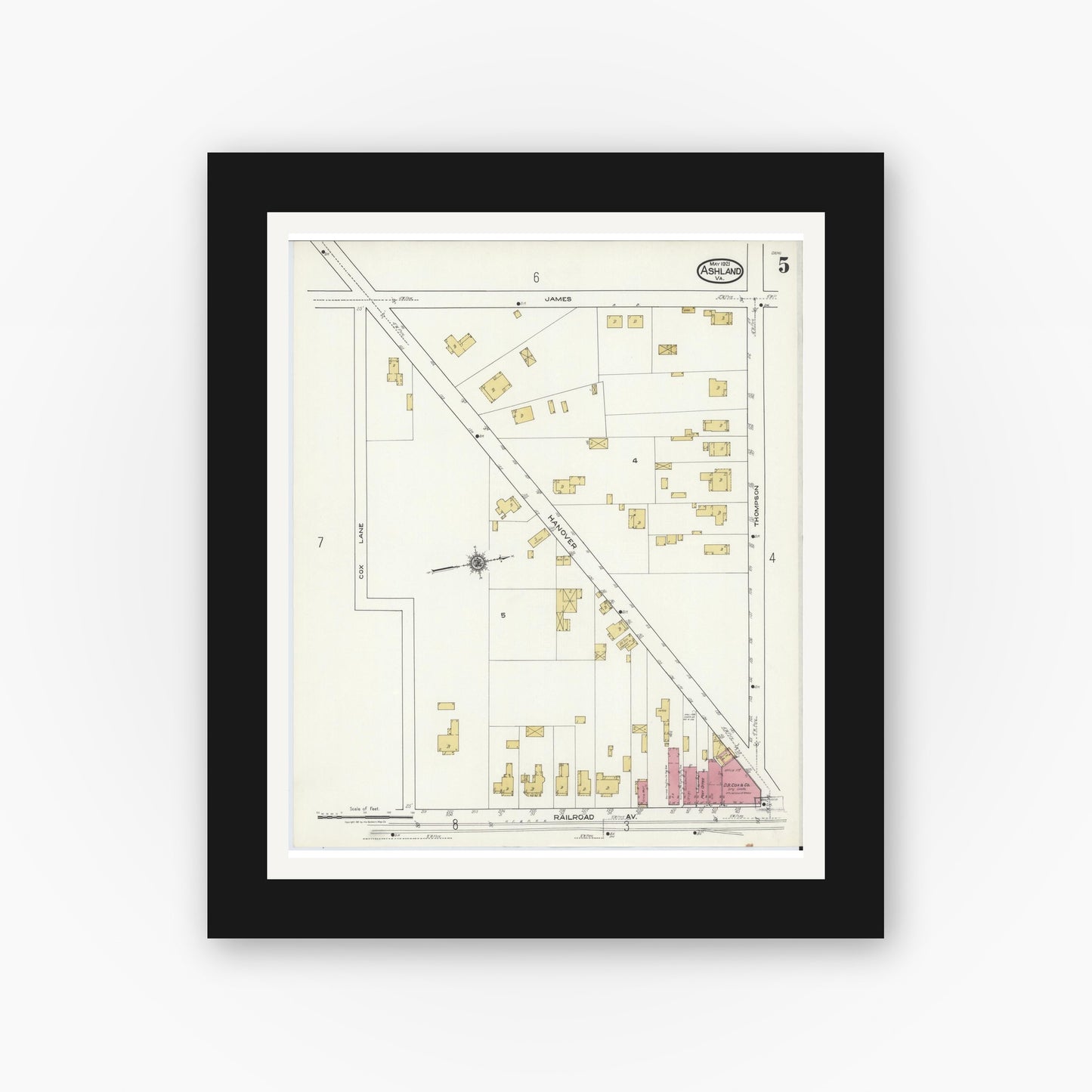 Old map wall art mockup — black gallery frame with white mat — Sanborn Fire Insurance Map from Ashland, Hanover County, Virginia (1921), Sheet #0005