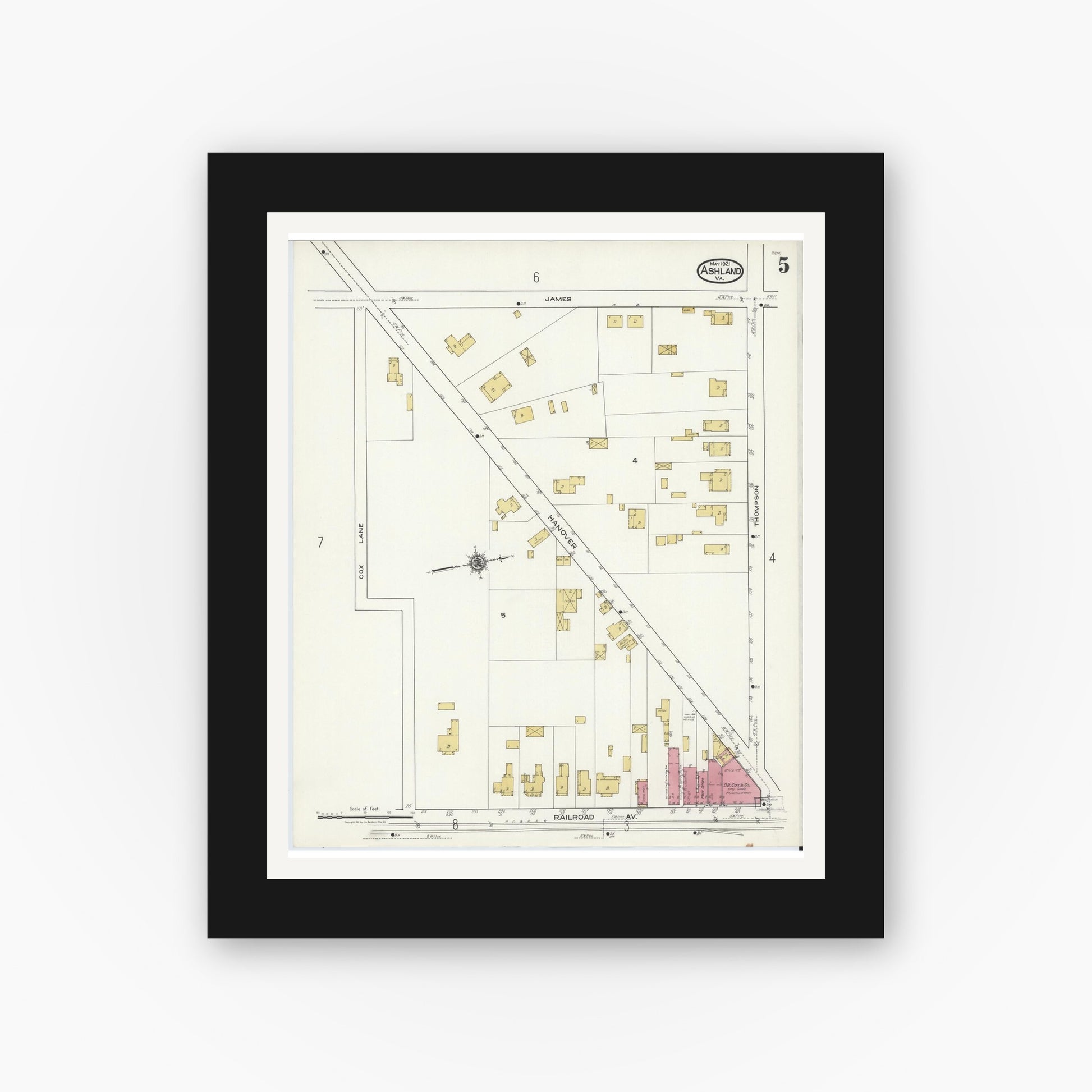 Old map wall art mockup — black gallery frame with white mat — Sanborn Fire Insurance Map from Ashland, Hanover County, Virginia (1921), Sheet #0005