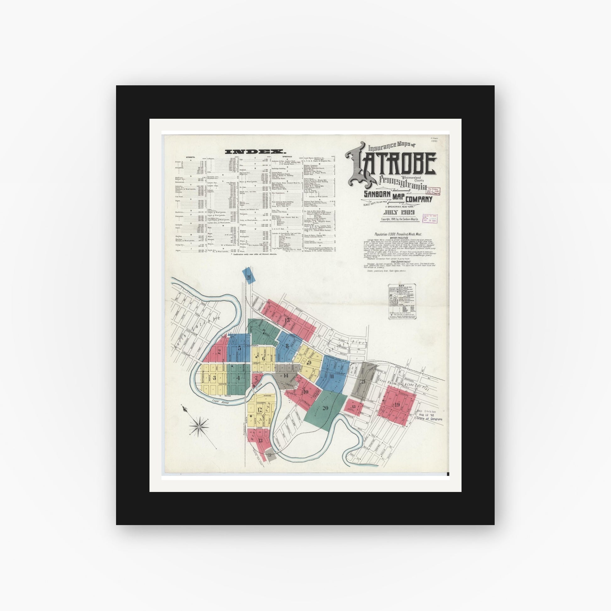Old map wall art mockup — black gallery frame with white mat — Sanborn Fire Insurance Map from Latrobe, Westmoreland County, Pennsylvania (1909) - Complete Map Set