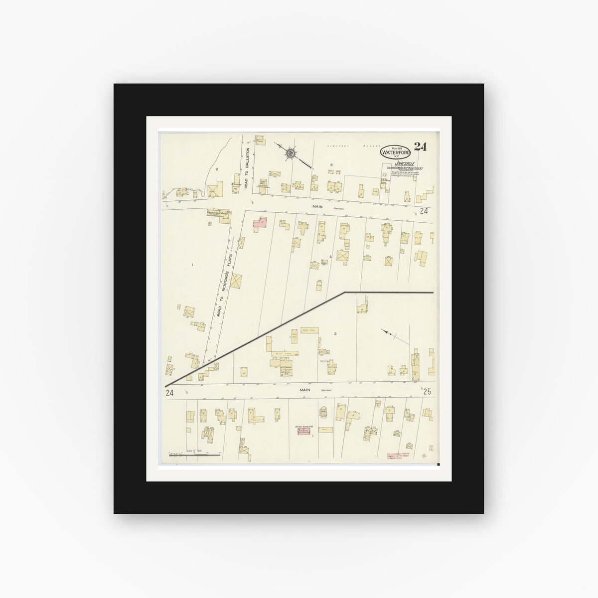 Old map wall art mockup — black gallery frame with white mat — Sanborn Fire Insurance Map from Waterford, Saratoga County, New York (1914), Sheet #0024