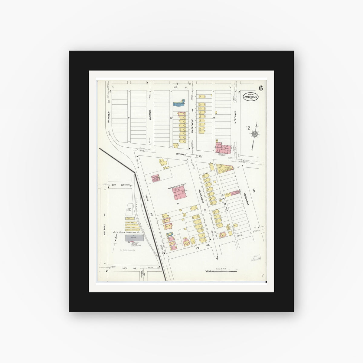 Old map wall art mockup — black gallery frame with white mat — Sanborn Fire Insurance Map from Ambridge, Beaver County, Pennsylvania (1911), Sheet #0006
