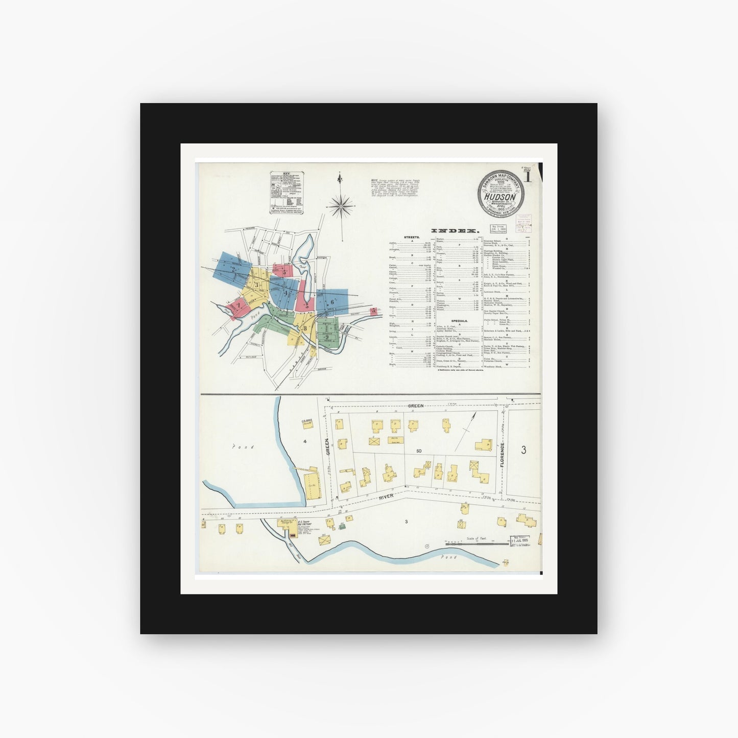 Old map wall art mockup — black gallery frame with white mat — Sanborn Fire Insurance Map from Hudson, Middlesex County, Massachusetts (1903) - Complete Map Set