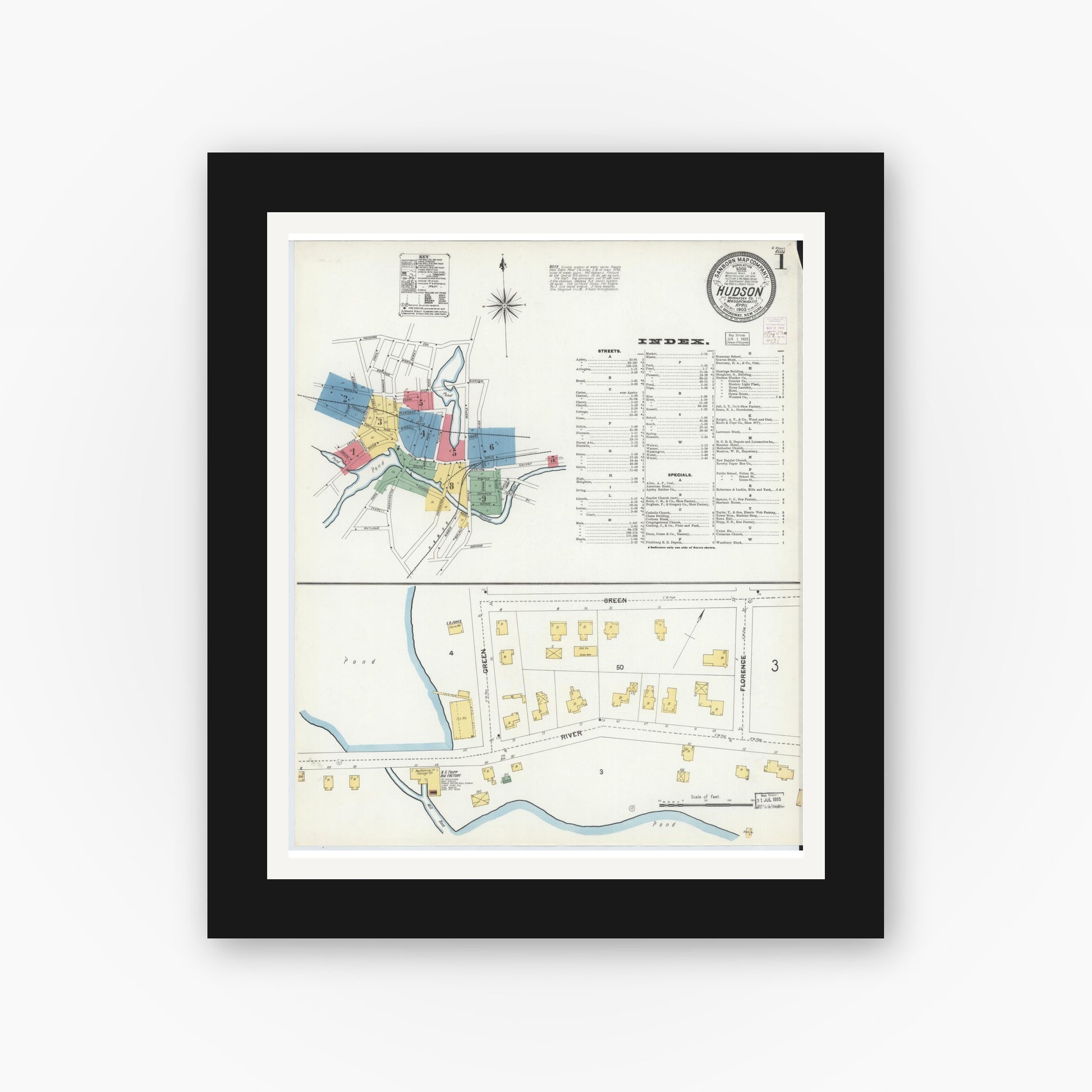 Old map wall art mockup — black gallery frame with white mat — Sanborn Fire Insurance Map from Hudson, Middlesex County, Massachusetts (1903) - Complete Map Set