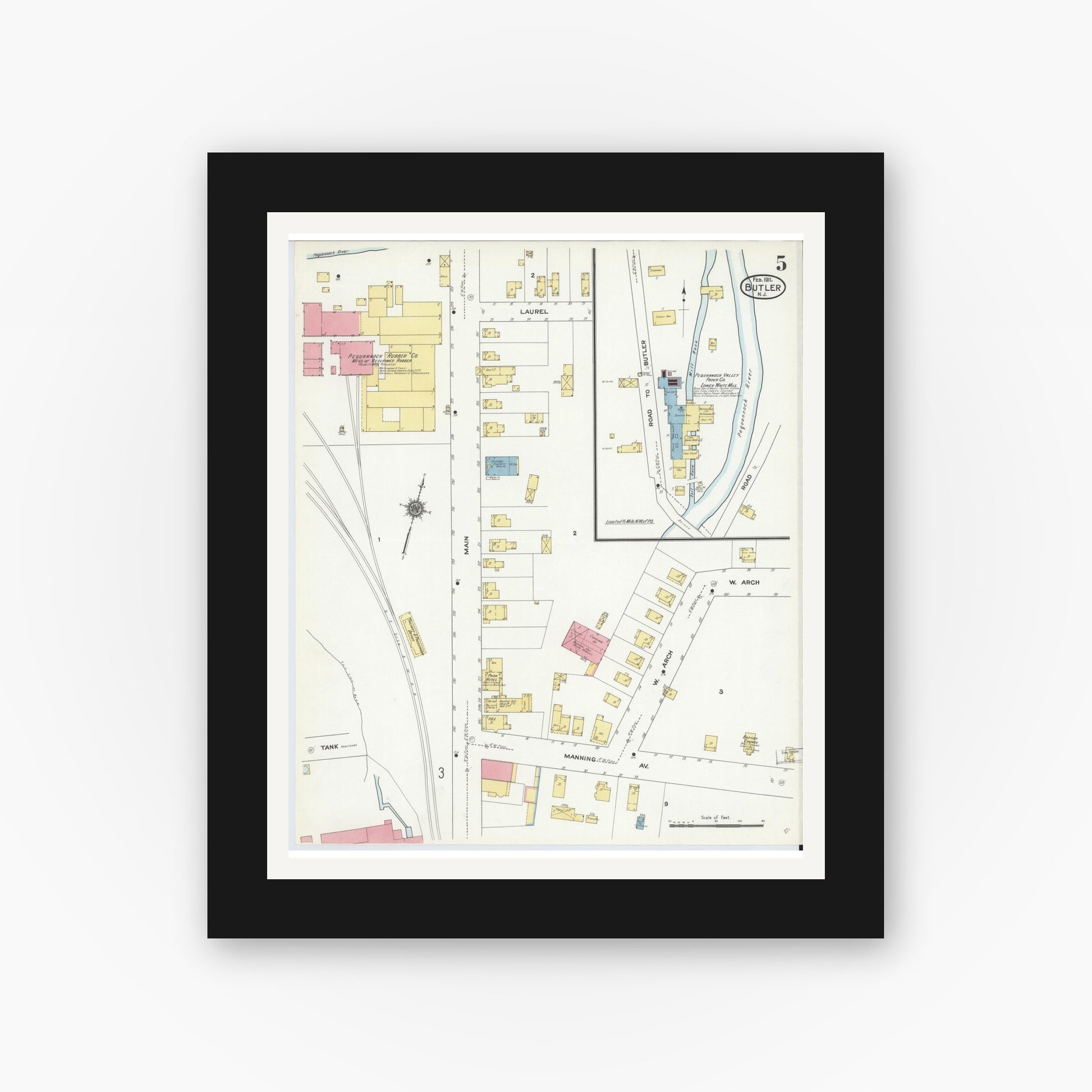 Old map wall art mockup — black gallery frame with white mat — Sanborn Fire Insurance Map from Butler, Morris County, New Jersey (1911), Sheet #0005
