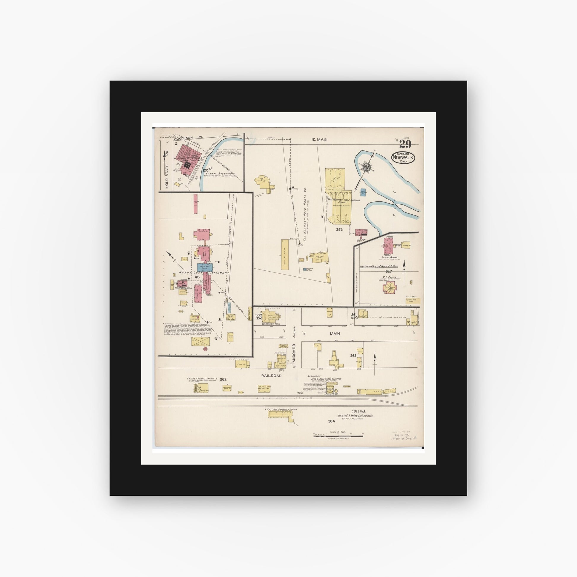 Old map wall art mockup — black gallery frame with white mat — Sanborn Fire Insurance Map from Norwalk, Huron County, Ohio (1922), Sheet #0029