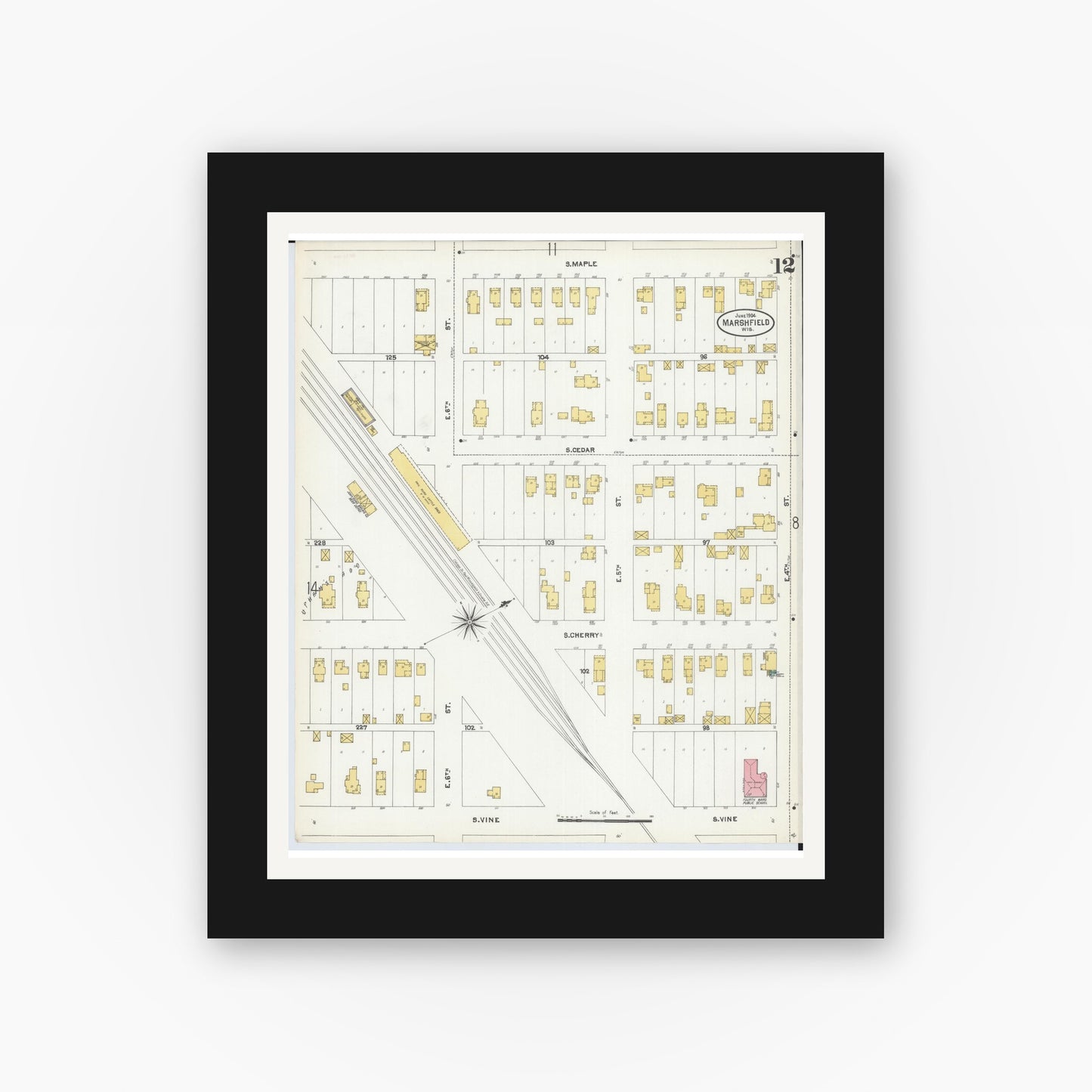 Old map wall art mockup — black gallery frame with white mat — Sanborn Fire Insurance Map from Marshfield, Wood County, Wisconsin (1904), Sheet #0012