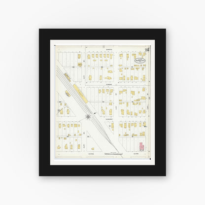 Old map wall art mockup — black gallery frame with white mat — Sanborn Fire Insurance Map from Marshfield, Wood County, Wisconsin (1904), Sheet #0012