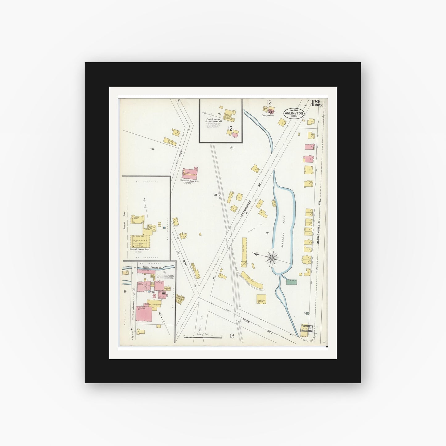 Old map wall art mockup — black gallery frame with white mat — Sanborn Fire Insurance Map from Arlington, Middlesex County, Massachusetts (1903), Sheet #0012