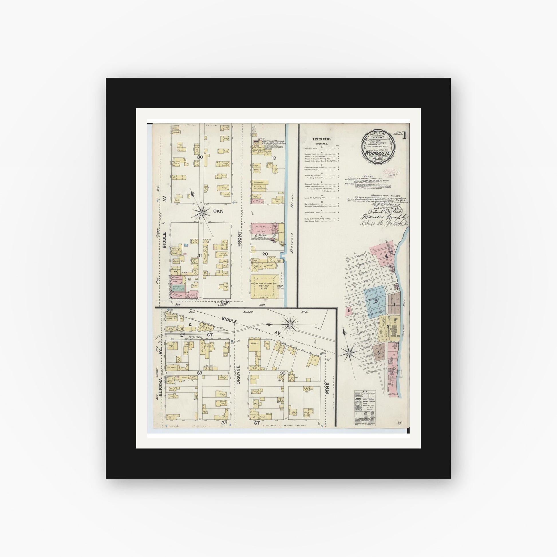 Old map wall art mockup — black gallery frame with white mat — Sanborn Fire Insurance Map from Wyandotte, Wayne County, Michigan (1890) - Complete Map Set