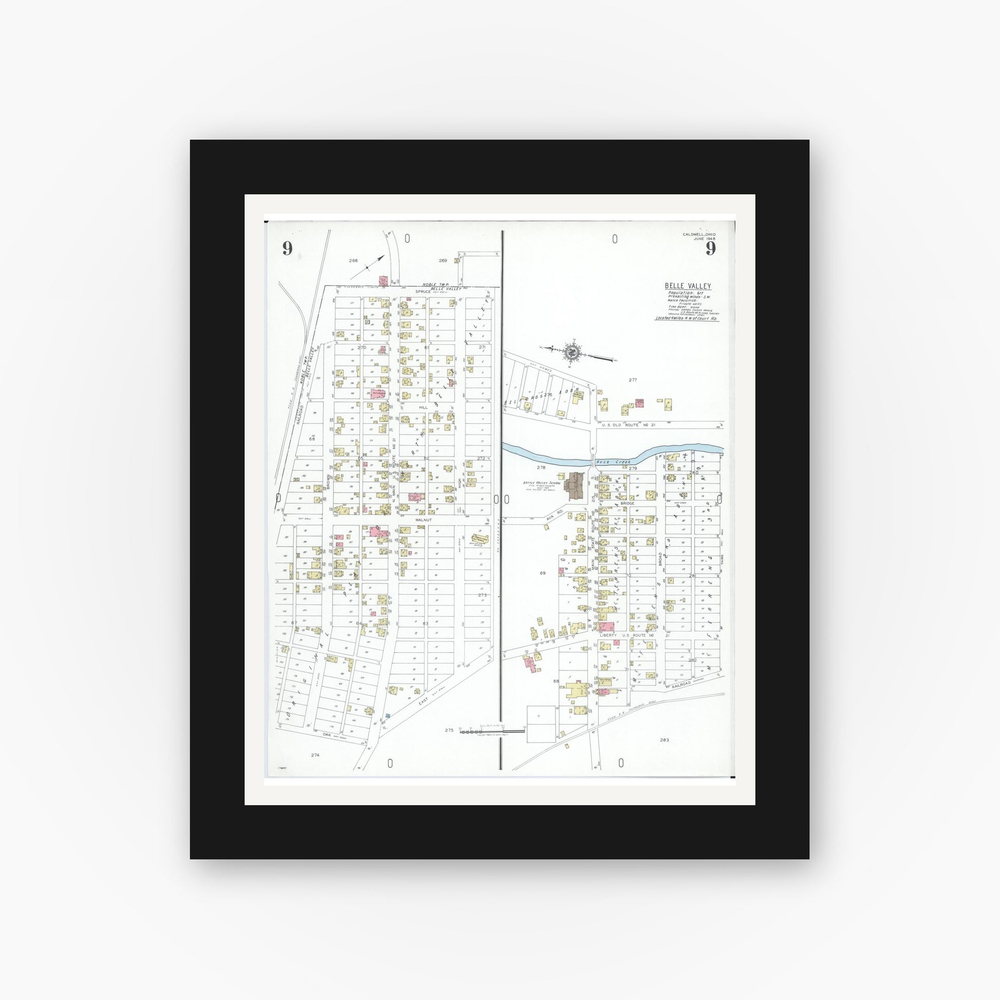 Old map wall art mockup — black gallery frame with white mat — Sanborn Fire Insurance Map from Caldwell, Noble County, Ohio (1948), Sheet #0009