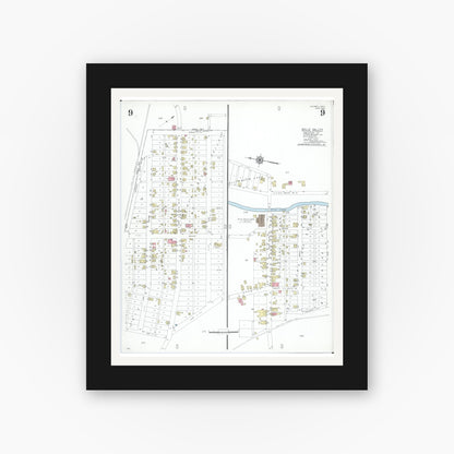 Old map wall art mockup — black gallery frame with white mat — Sanborn Fire Insurance Map from Caldwell, Noble County, Ohio (1948), Sheet #0009