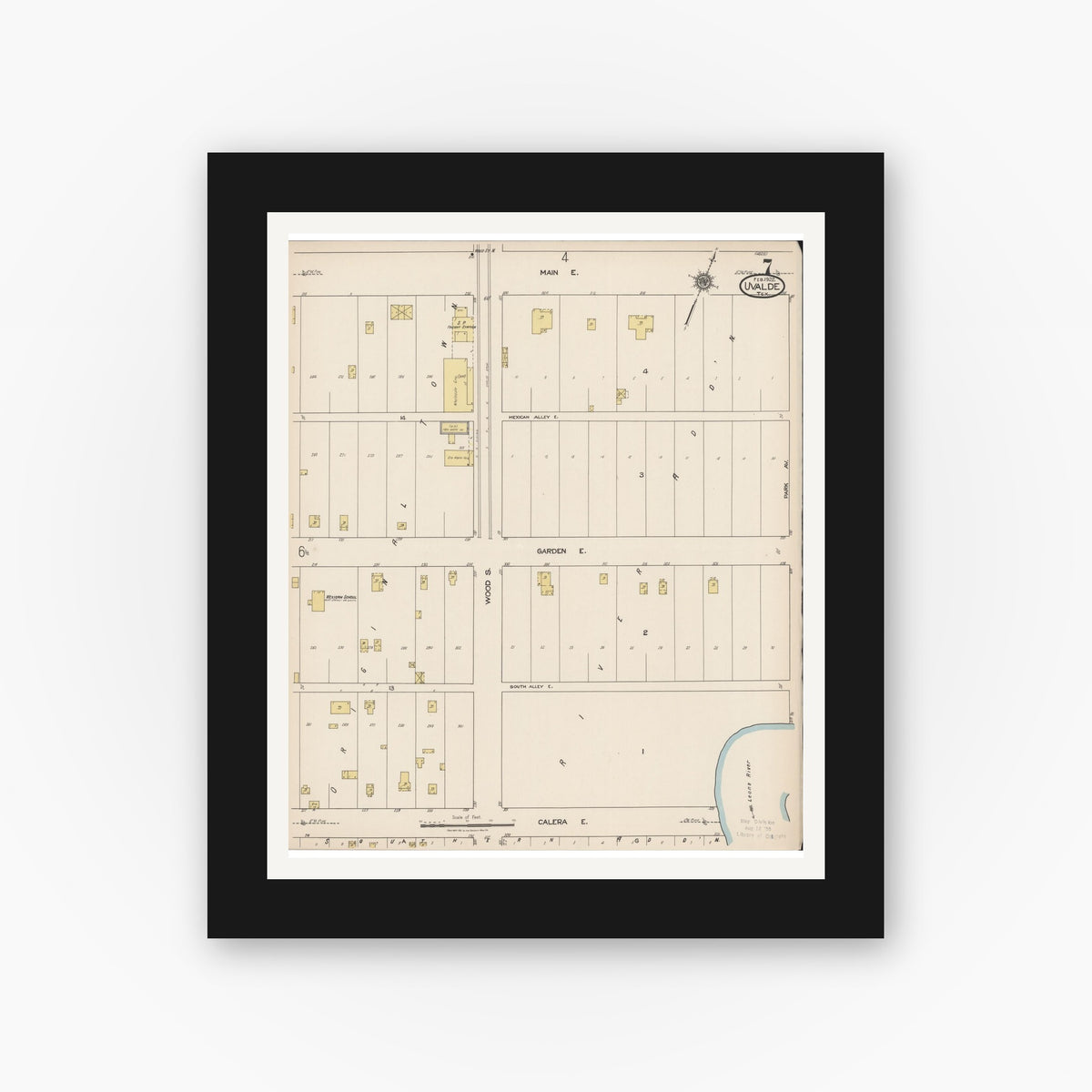 Old map wall art mockup — black gallery frame with white mat — Sanborn Fire Insurance Map from Uvalde, Uvalde County, Texas (1922), Sheet #0007