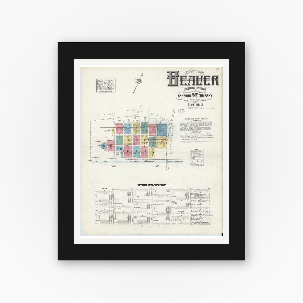 Old map wall art mockup — black gallery frame with white mat — Sanborn Fire Insurance Map from Beaver, Beaver County, Pennsylvania (1912) - Complete Map Set