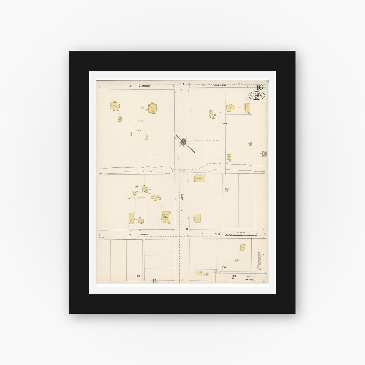 Old map wall art mockup — black gallery frame with white mat — Sanborn Fire Insurance Map from Alhambra, Los Angeles County, California (1912), Sheet #0016