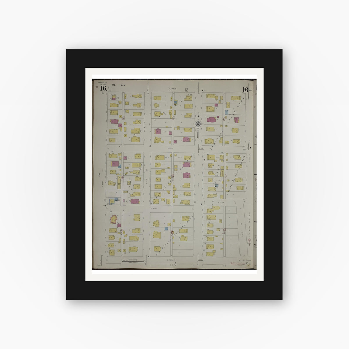 Old map wall art mockup — black gallery frame with white mat — Sanborn Fire Insurance Map from Herrin, Williamson County, Illinois (1947), Sheet #0016