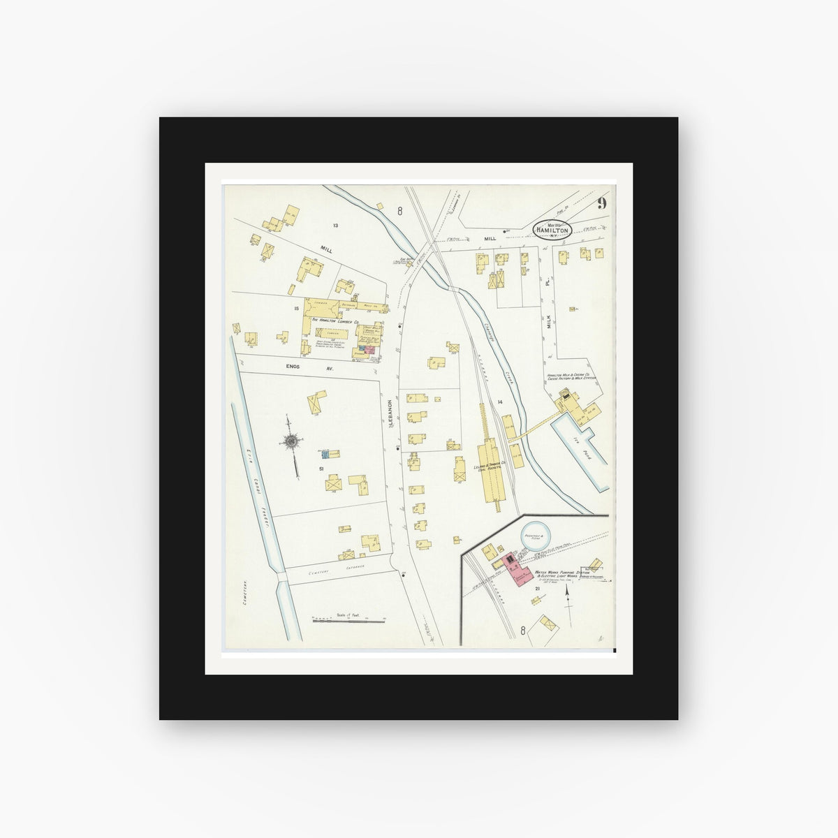 Old map wall art mockup — black gallery frame with white mat — Sanborn Fire Insurance Map from Hamilton, Madison County, New York (1911), Sheet #0009