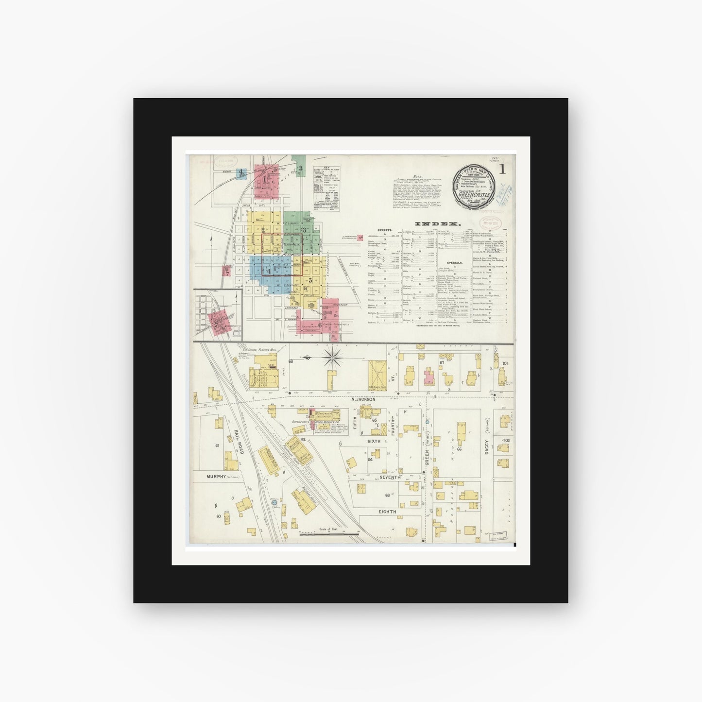 Old map wall art mockup — black gallery frame with white mat — Sanborn Fire Insurance Map from Greencastle, Putnam County, Indiana (1898) - Complete Map Set