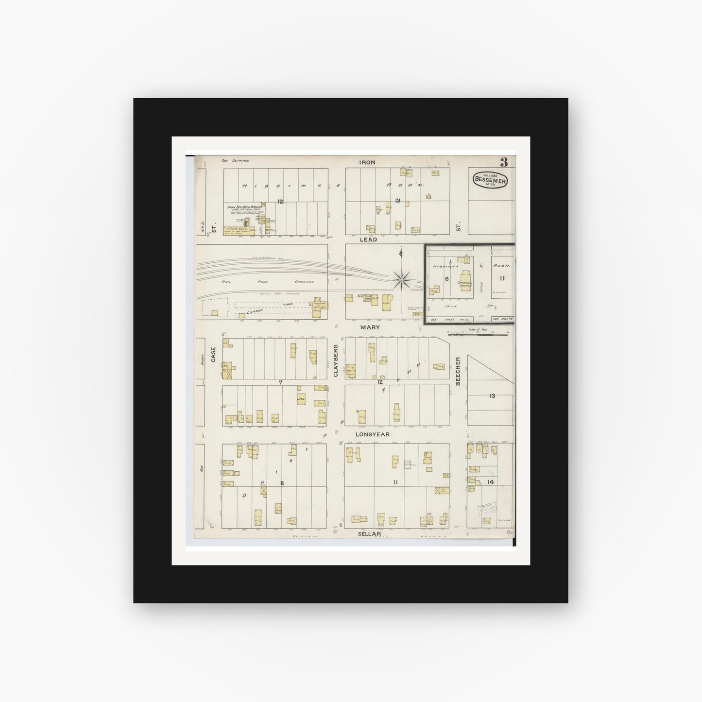 Old map wall art mockup — black gallery frame with white mat — Sanborn Fire Insurance Map from Bessemer, Gogebic County, Michigan (1888), Sheet #0003