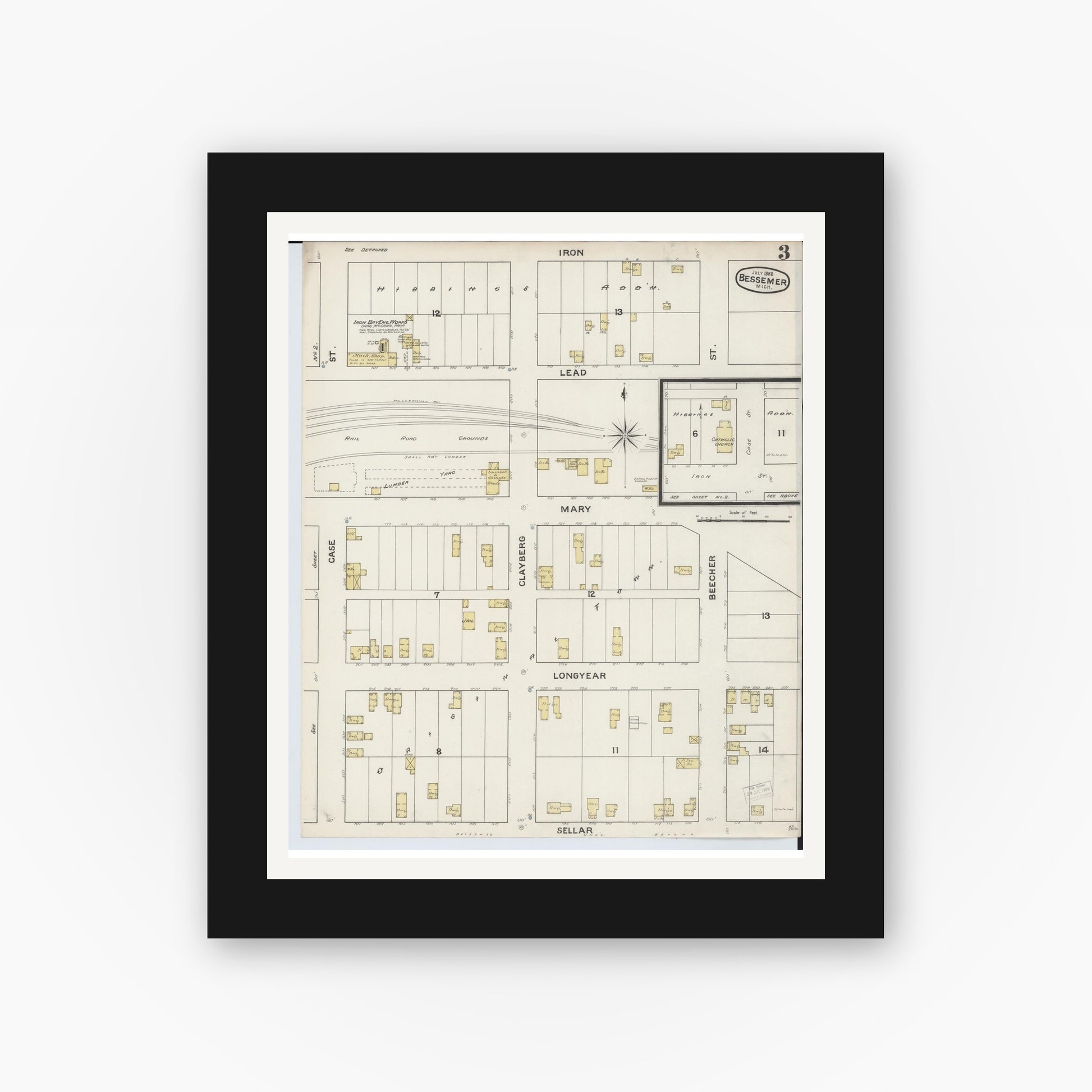 Old map wall art mockup — black gallery frame with white mat — Sanborn Fire Insurance Map from Bessemer, Gogebic County, Michigan (1888), Sheet #0003