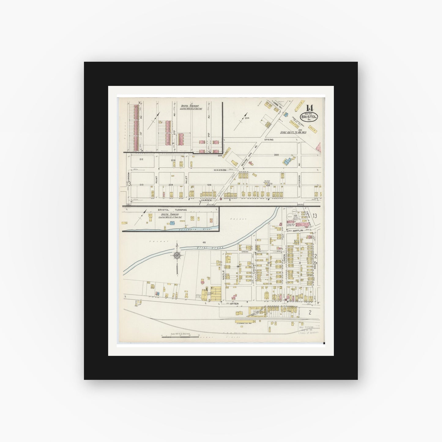 Old map wall art mockup — black gallery frame with white mat — Sanborn Fire Insurance Map from Bristol, Bucks County, Pennsylvania (1915), Sheet #0014