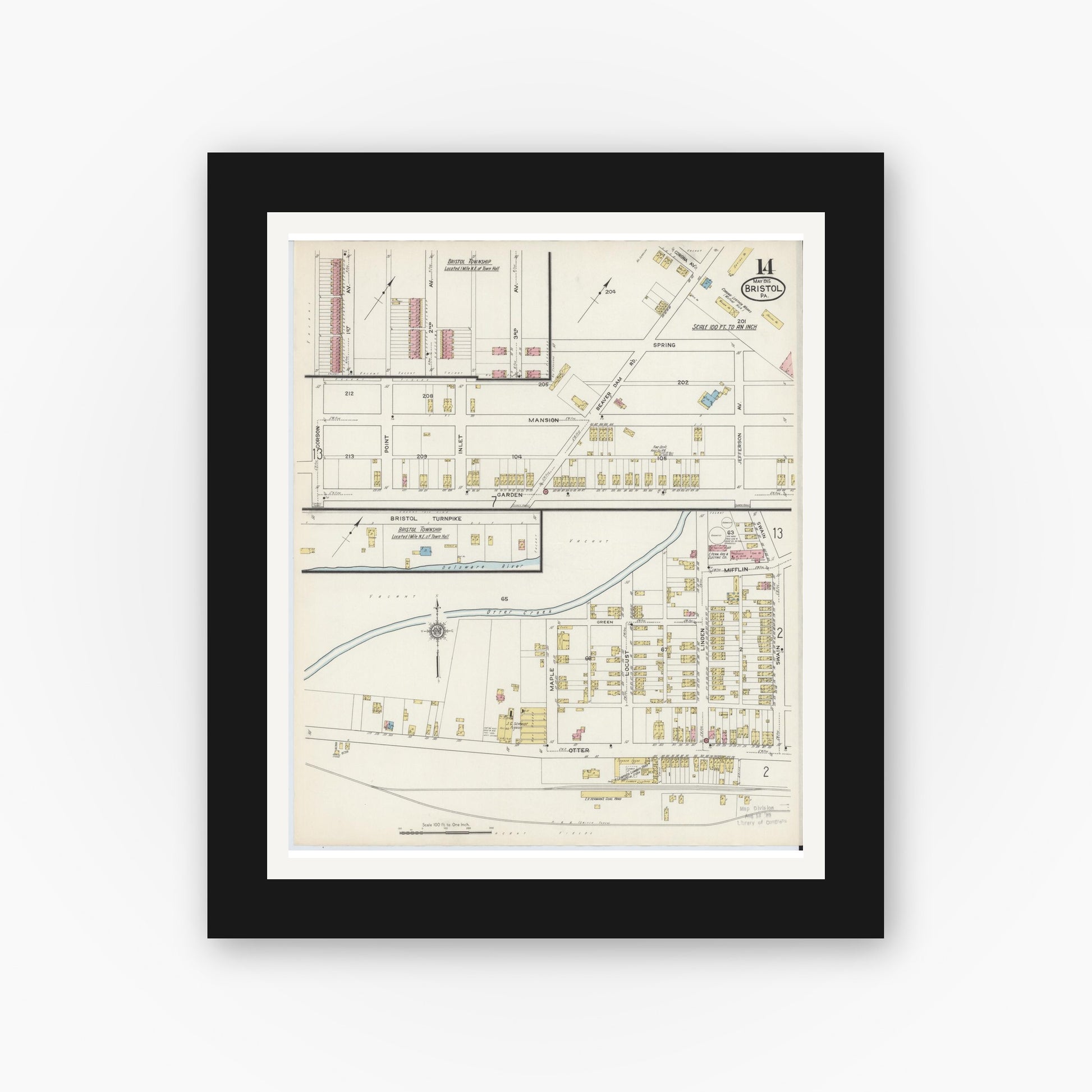 Old map wall art mockup — black gallery frame with white mat — Sanborn Fire Insurance Map from Bristol, Bucks County, Pennsylvania (1915), Sheet #0014