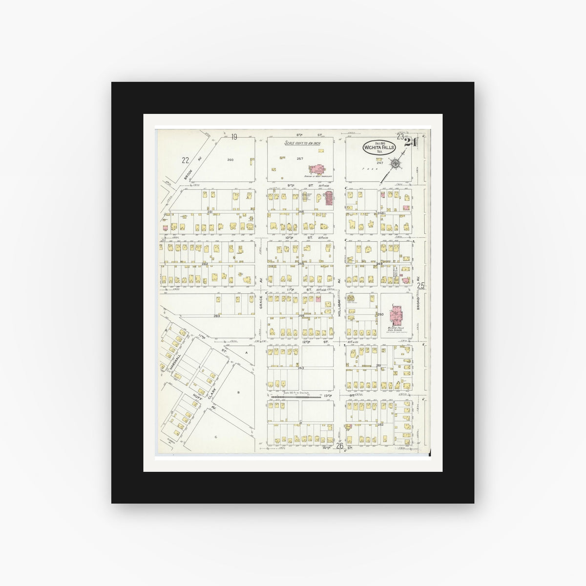 Old map wall art mockup — black gallery frame with white mat — Sanborn Fire Insurance Map from Wichita Falls, Wichita County, Texas (1915), Sheet #0024