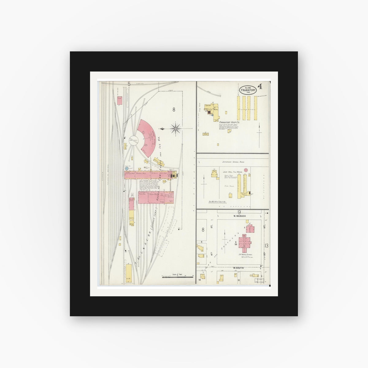 Old map wall art mockup — black gallery frame with white mat — Sanborn Fire Insurance Map from Frankfort, Clinton County, Indiana (1898), Sheet #0004
