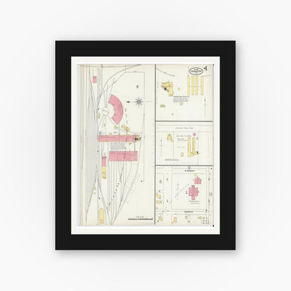 Old map wall art mockup — black gallery frame with white mat — Sanborn Fire Insurance Map from Frankfort, Clinton County, Indiana (1898), Sheet #0004