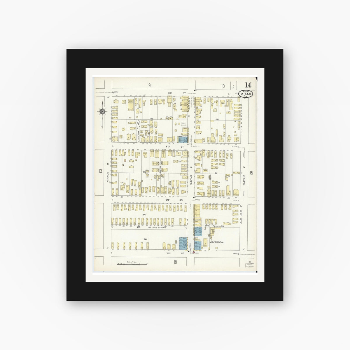 Old map wall art mockup — black gallery frame with white mat — Sanborn Fire Insurance Map from Miami, Dade County, Florida (1914), Sheet #0014