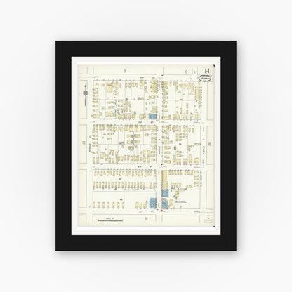 Old map wall art mockup — black gallery frame with white mat — Sanborn Fire Insurance Map from Miami, Dade County, Florida (1914), Sheet #0014