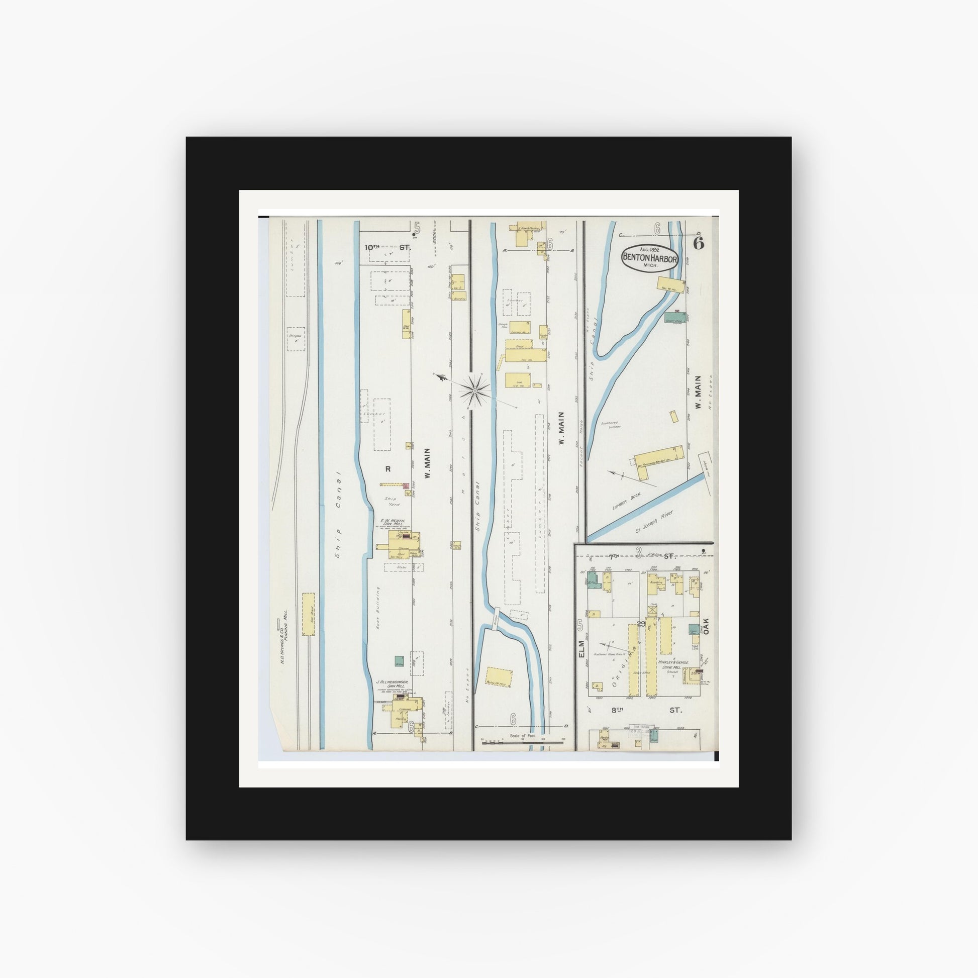 Old map wall art mockup — black gallery frame with white mat — Sanborn Fire Insurance Map from Benton Harbor, Berrien County, Michigan (1892), Sheet #0006