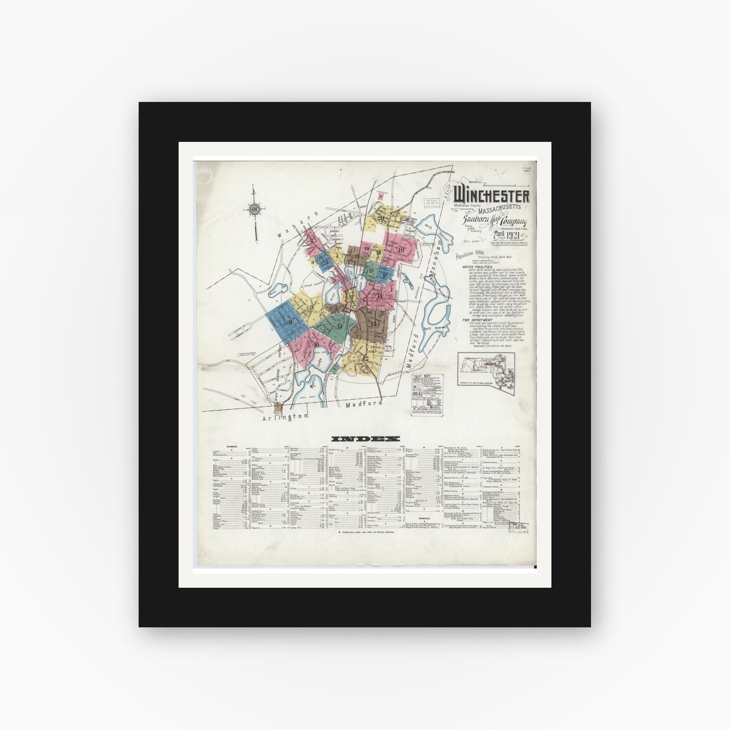 Old map wall art mockup — black gallery frame with white mat — Sanborn Fire Insurance Map from Winchester, Middlesex County, Massachusetts (1921) - Complete Map Set