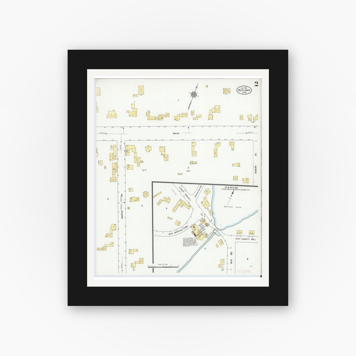 Old map wall art mockup — black gallery frame with white mat — Sanborn Fire Insurance Map from Rutland, Worcester County, Massachusetts (1910), Sheet #0002