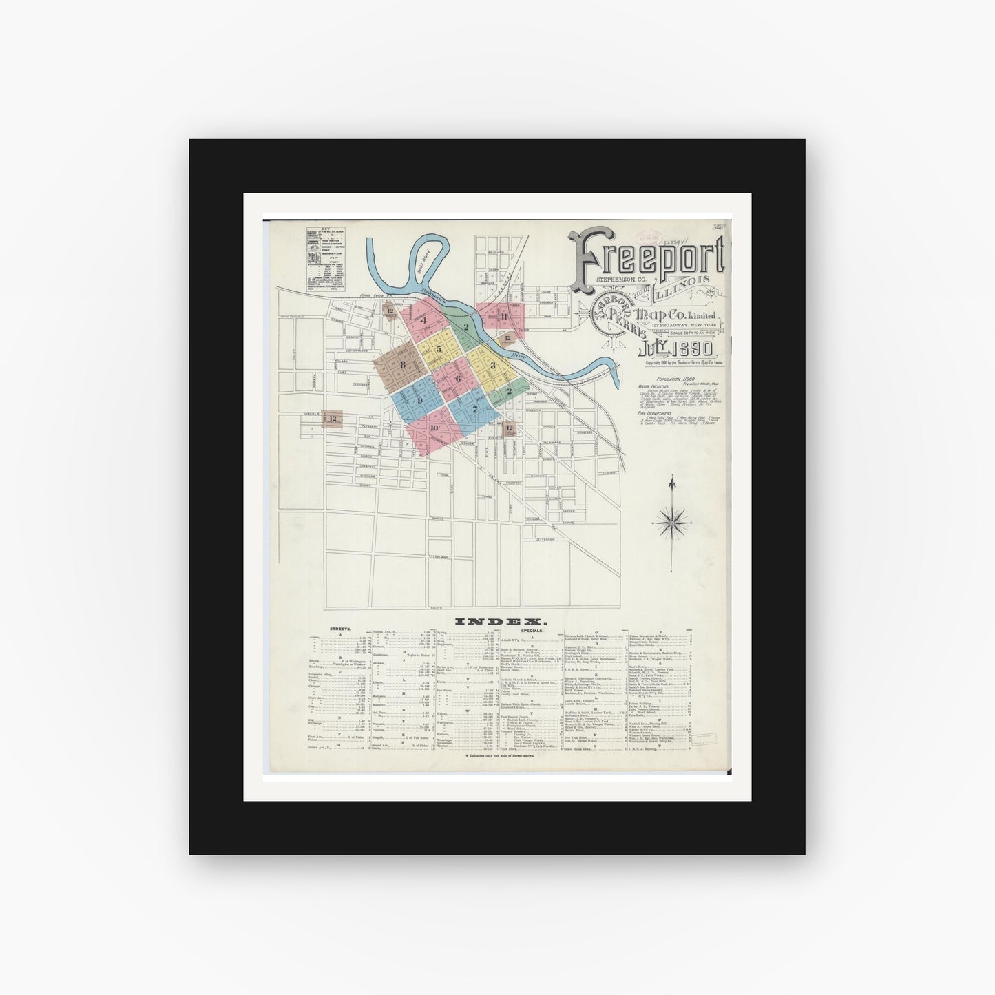 Old map wall art mockup — black gallery frame with white mat — Sanborn Fire Insurance Map from Freeport, Stephenson County, Illinois (1890) - Complete Map Set