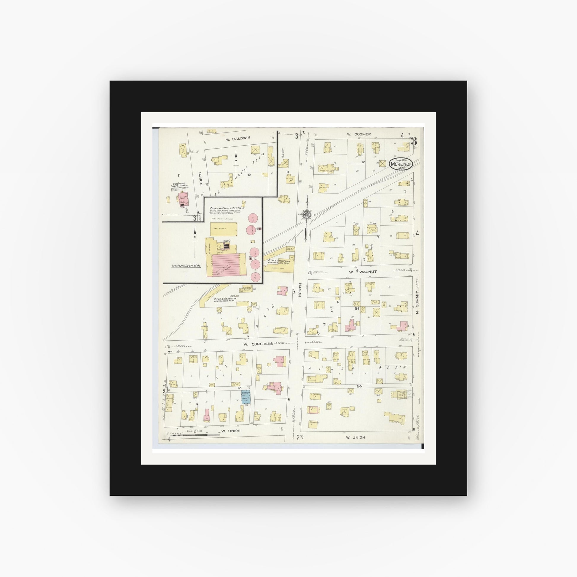 Old map wall art mockup — black gallery frame with white mat — Sanborn Fire Insurance Map from Morenci, Lenawee County, Michigan (1914), Sheet #0003