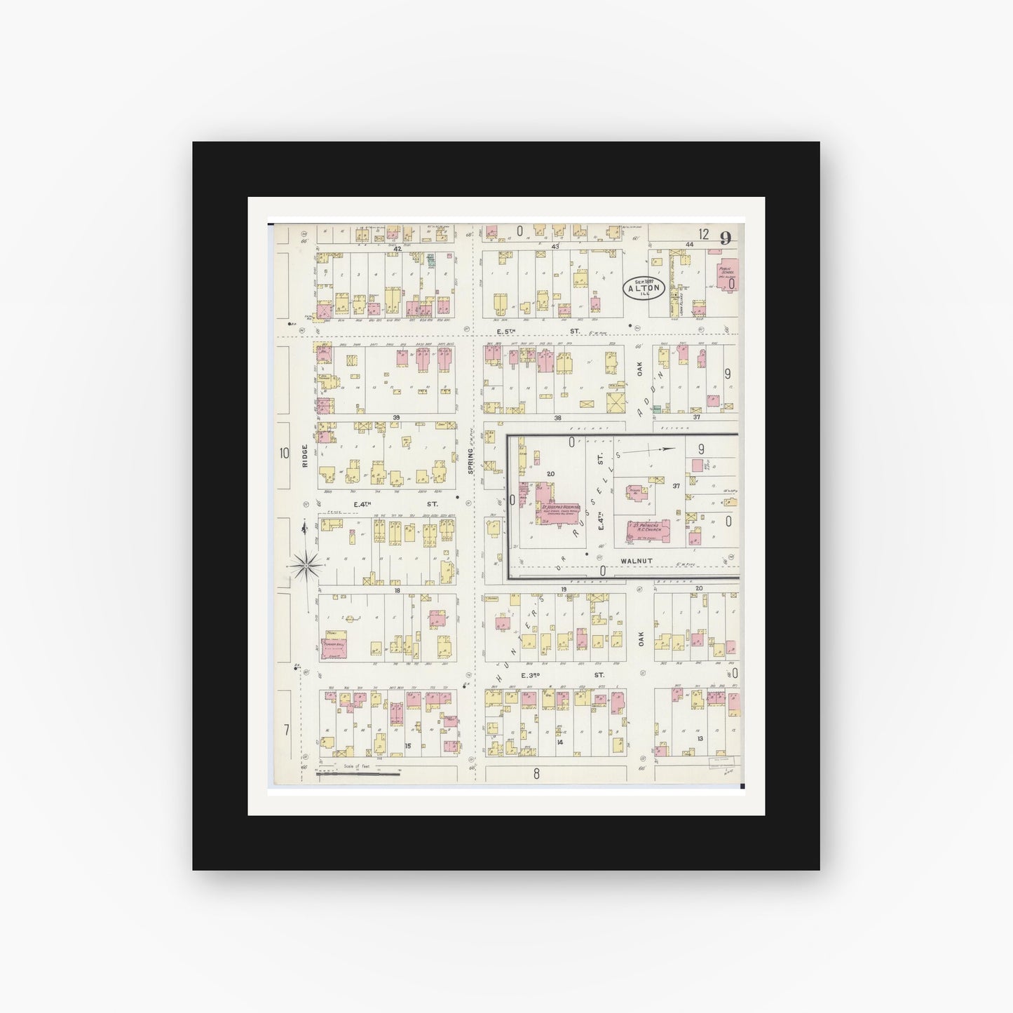 Old map wall art mockup — black gallery frame with white mat — Sanborn Fire Insurance Map from Alton, Madison County, Illinois (1897), Sheet #0009