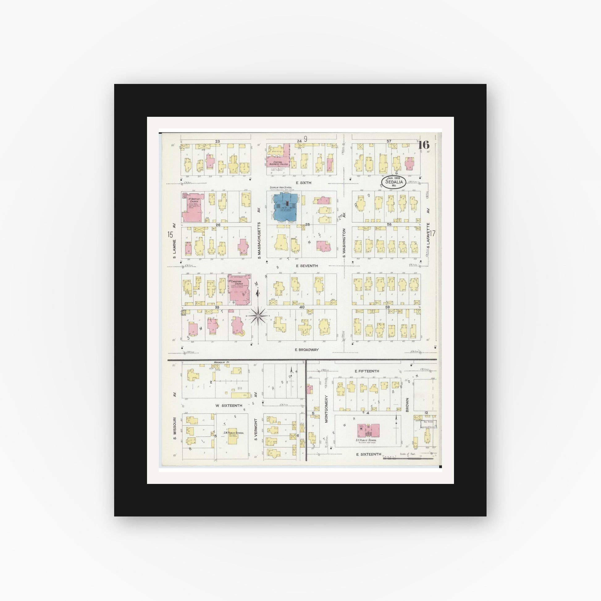 Old map wall art mockup — black gallery frame with white mat — Sanborn Fire Insurance Map from Sedalia, Pettis County, Missouri (1908), Sheet #0016