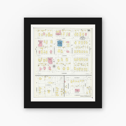 Old map wall art mockup — black gallery frame with white mat — Sanborn Fire Insurance Map from Sedalia, Pettis County, Missouri (1908), Sheet #0016