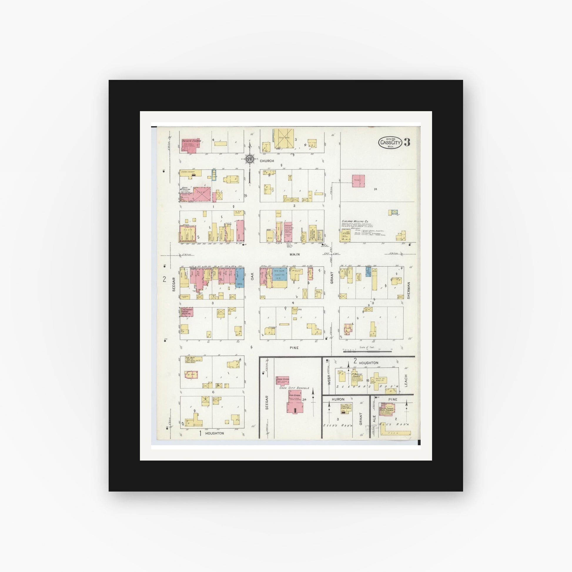 Old map wall art mockup — black gallery frame with white mat — Sanborn Fire Insurance Map from Cass City, Tuscola County, Michigan (1916), Sheet #0003