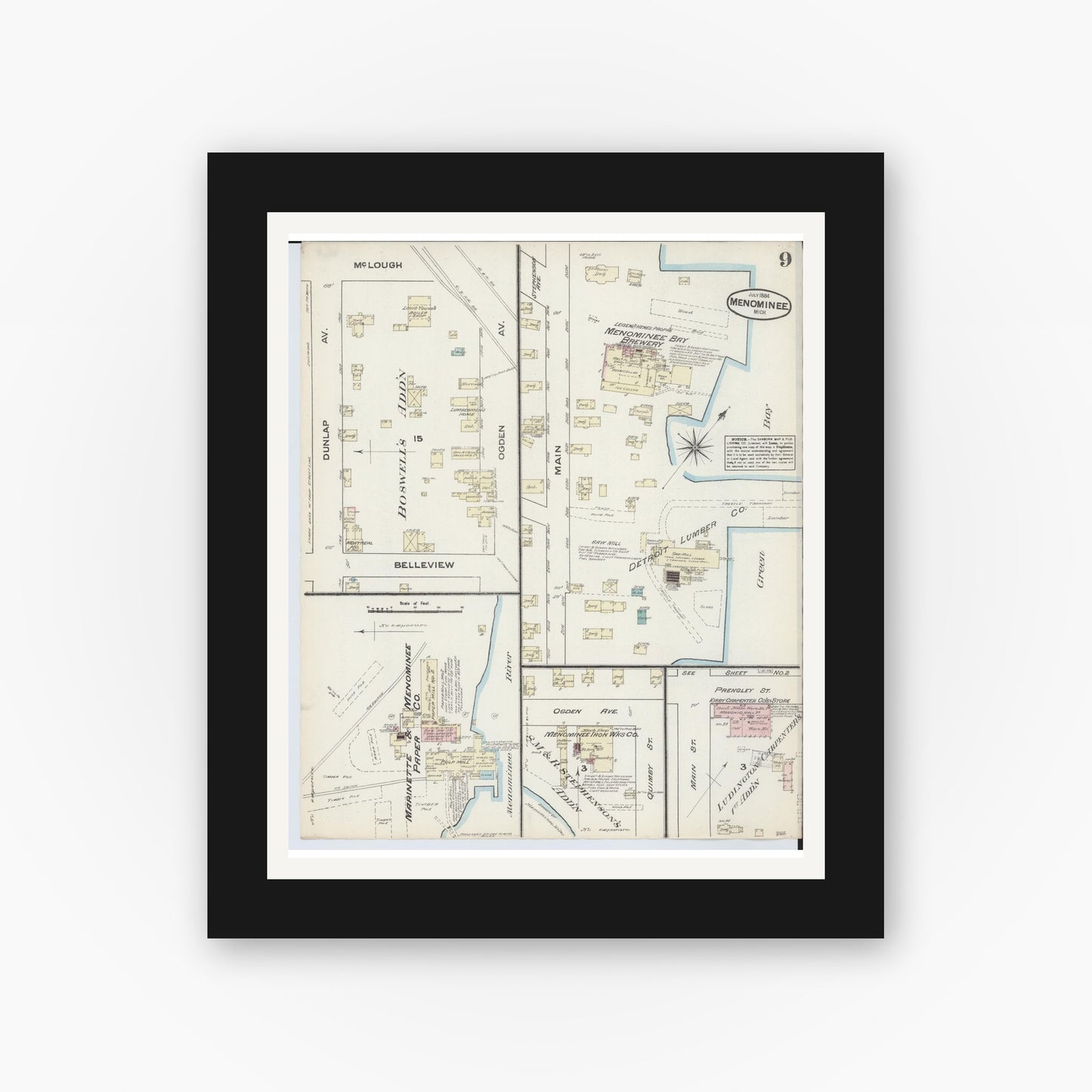 Old map wall art mockup — black gallery frame with white mat — Sanborn Fire Insurance Map from Menominee, Menominee County, Michigan (1884), Sheet #0009