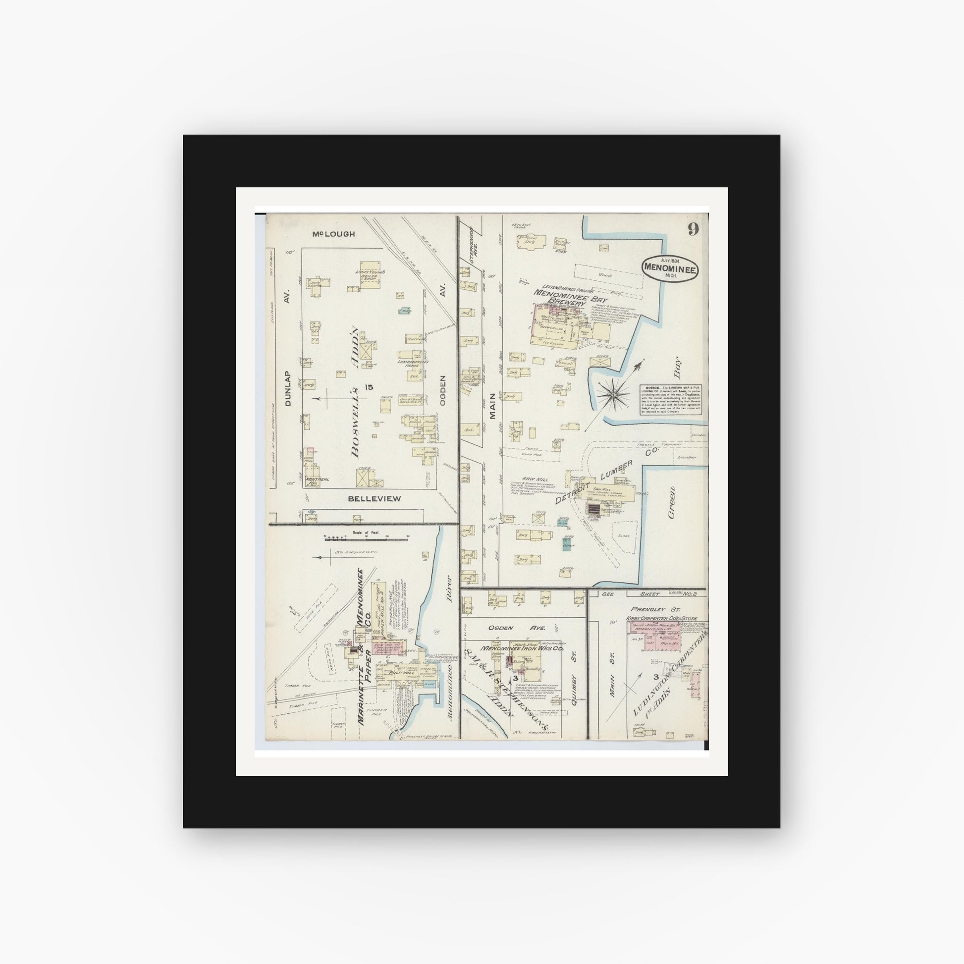 Old map wall art mockup — black gallery frame with white mat — Sanborn Fire Insurance Map from Menominee, Menominee County, Michigan (1884), Sheet #0009