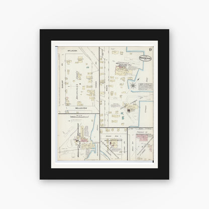 Old map wall art mockup — black gallery frame with white mat — Sanborn Fire Insurance Map from Menominee, Menominee County, Michigan (1884), Sheet #0009