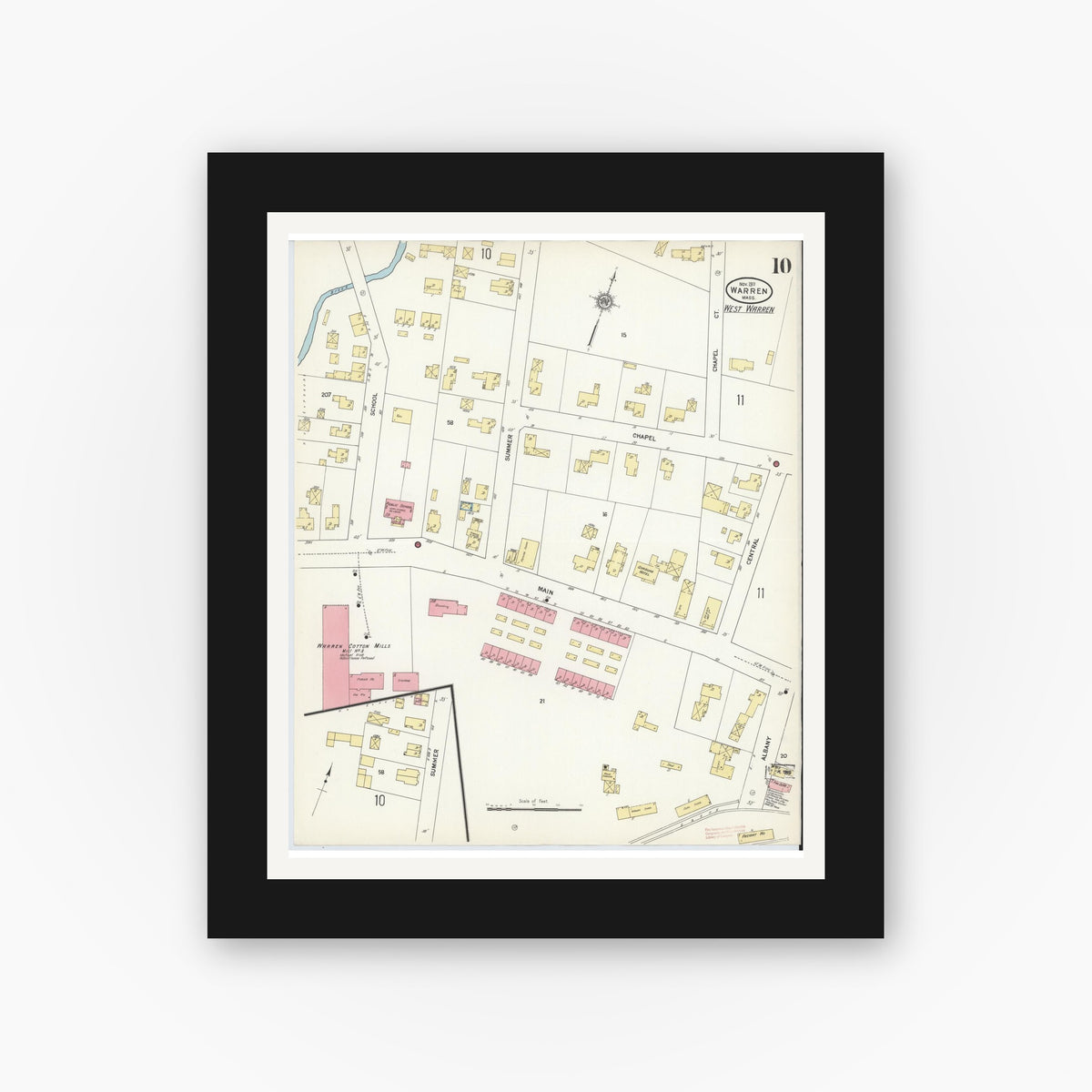 Old map wall art mockup — black gallery frame with white mat — Sanborn Fire Insurance Map from Warren, Worcester County, Massachusetts (1911), Sheet #0010