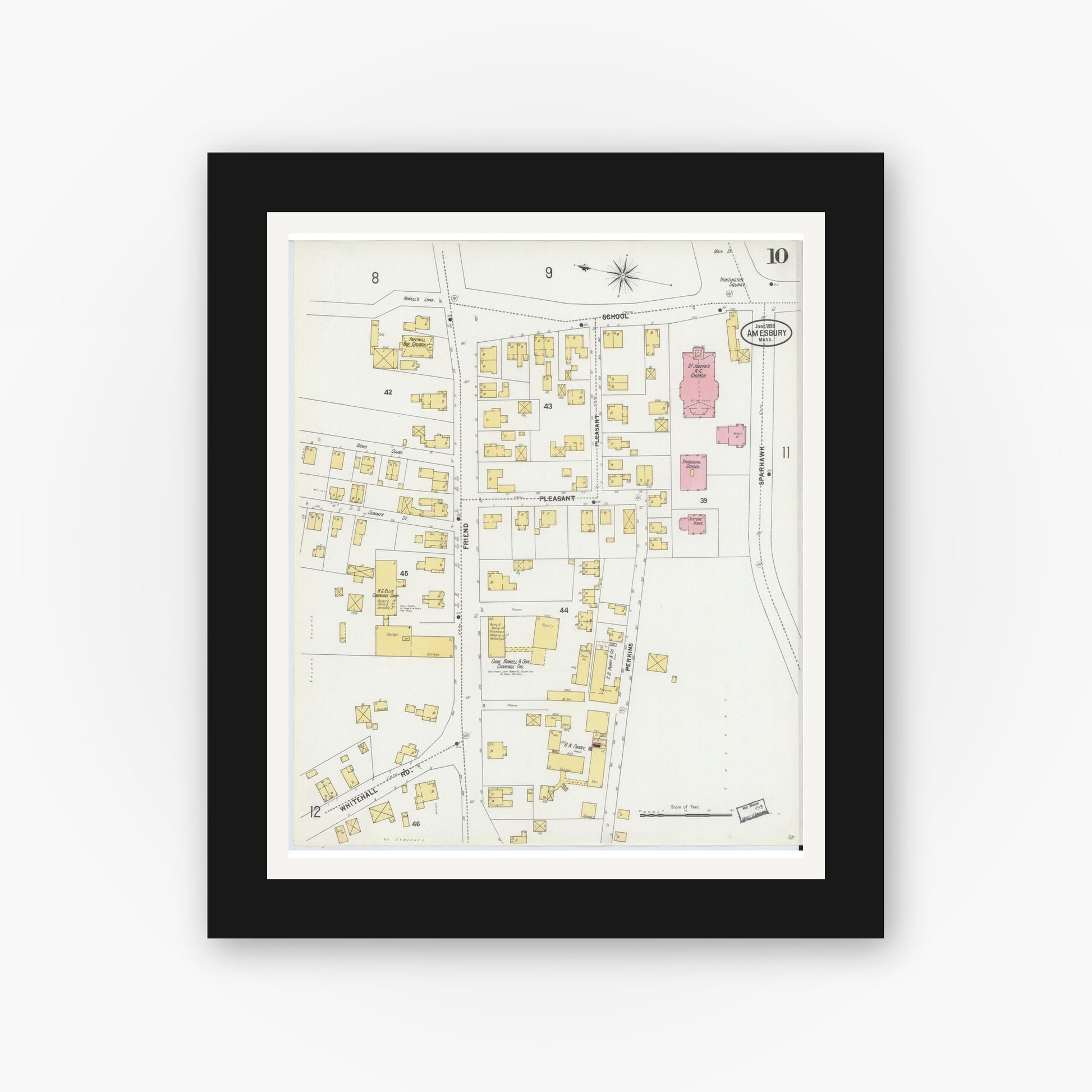 Old map wall art mockup — black gallery frame with white mat — Sanborn Fire Insurance Map from Amesbury, Essex County, Massachusetts (1899), Sheet #0010