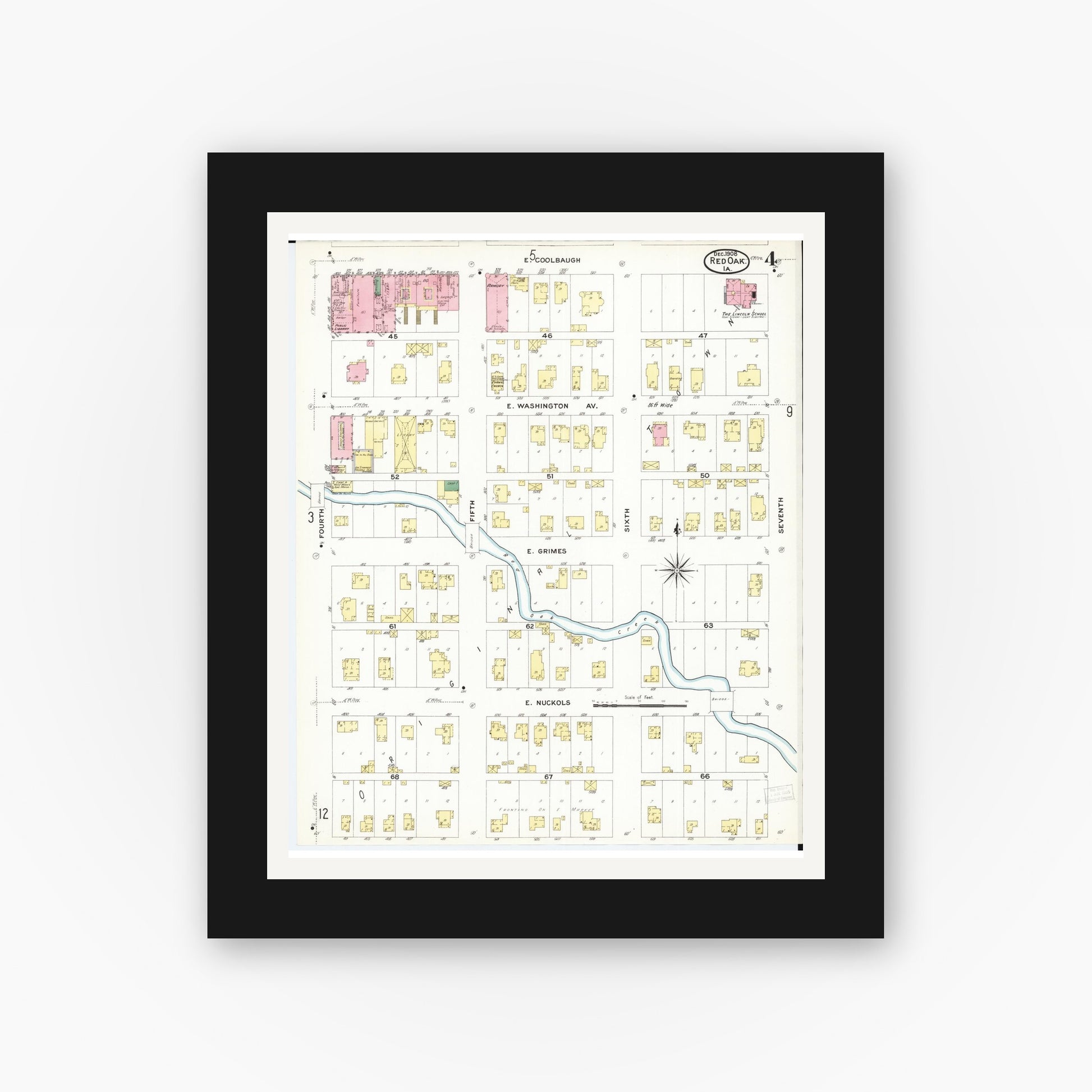 Old map wall art mockup — black gallery frame with white mat — Sanborn Fire Insurance Map from Red Oak, Montgomery County, Iowa (1908), Sheet #0004